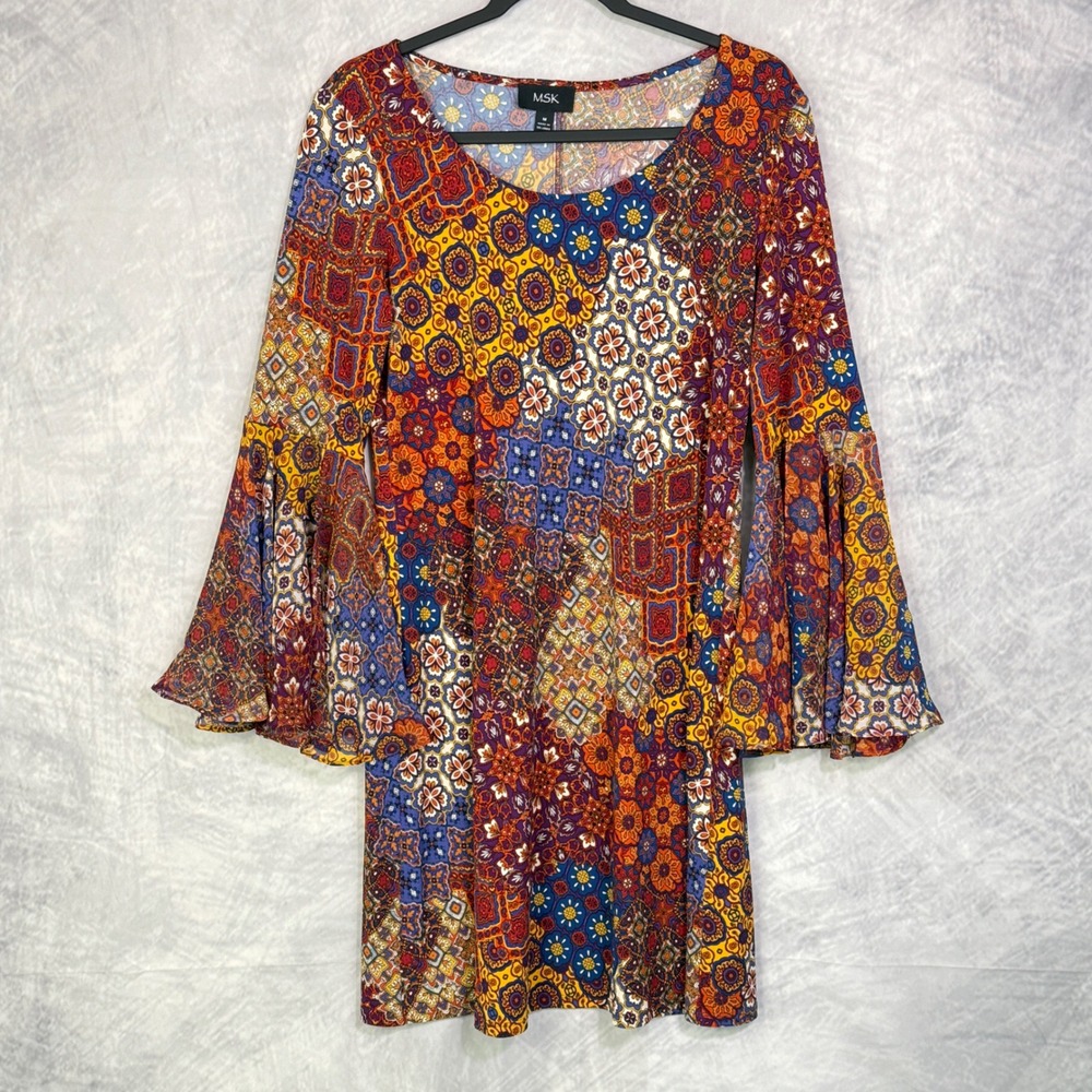 Patchwork Print Bell Sleeve Shift Dress colorful womens Sz M Boho Artsy hippie